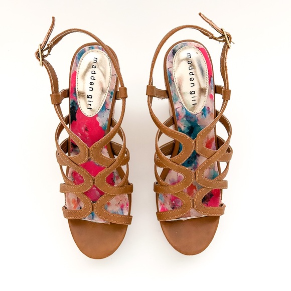 Madden Girl Strappy Brown Faux Leather Cork Platform Wedge Heels Elmaa Cognac - Picture 2 of 9